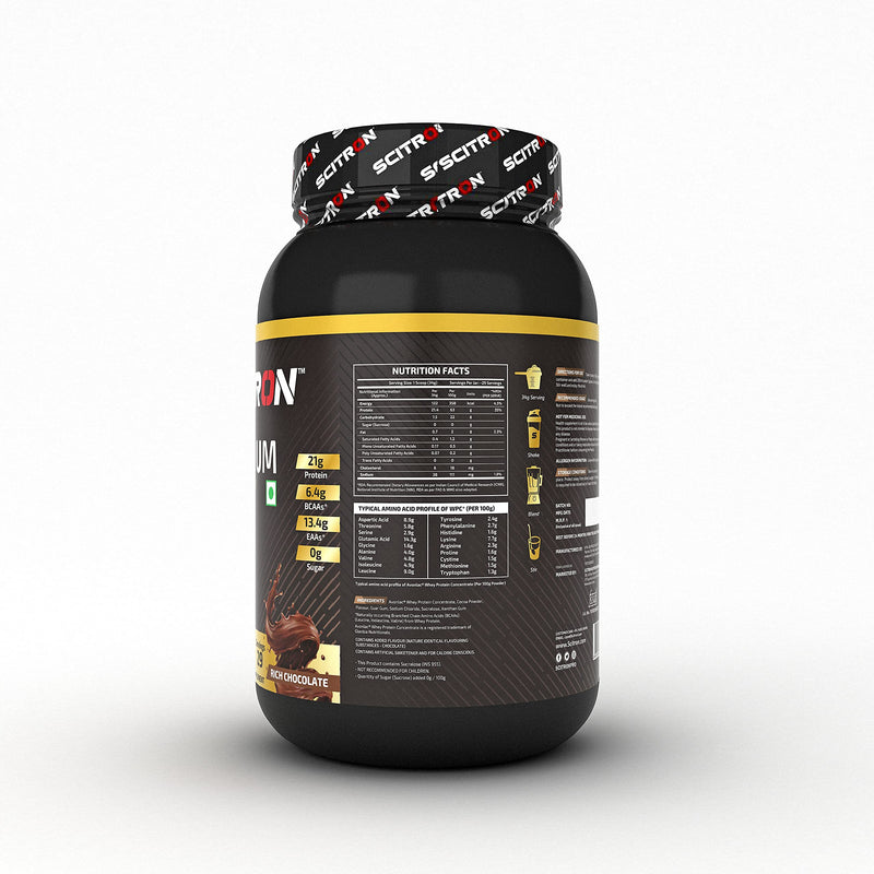 SCITRON Nitro Series PREMIUM WHEY (21g Protein, 6.4g BCAAs, 13.4g EAAs, 0g Sugar, 29 Servings) - 1kg (Rich Chocolate)