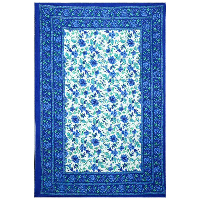 THROW KING Jaipuri Pure Cotton Garden Flower Print Single Bed Razai, Rajasthani Quilt, Reversibal Multi Green Rajai (Size 55x85 inch) (Blue-Garden Flower)