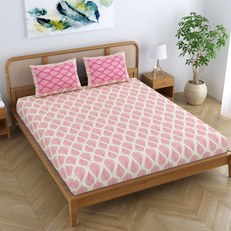 SheetKart Pure Cotton Aspen Leaves Printed Elegant Jaipuri Bedsheet for Double Bed King Size with 2 Pillow Covers - Bright Pink