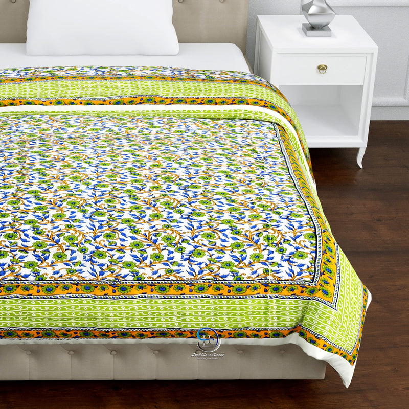 AUROSTYLE 400 TC Jaipuri LightWeight Pure Cotton Traditional Rajasthani Print Olive Green Colour Single Bed Quilt/Razai/Rajai ( Olive Greenl, Floral Print, Single Bed, breathable, Pack of 1)