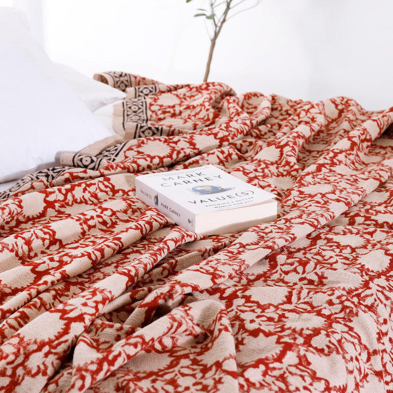 Ravaiyaa - Attitude is everything Floral Printed Handloom Cotton Couch Throw/Sofa Cover/Comforter/AC Blanket with Classic Woven Design and Hand-Knotted Fringes (90"x60" inch) (Red Beige Floral)