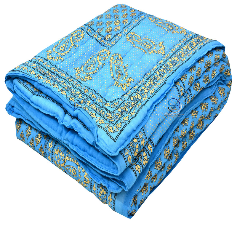 HASHIREX Violet Natural Cotton Screen Printed Single Bed Jaipuri Razai Malmal Ac Quilt for Bed Room, Rajasthani Traditional Light Weight Rajai dohar Blanket (55 x 85 Inches) SkyBlue, Pack of 1