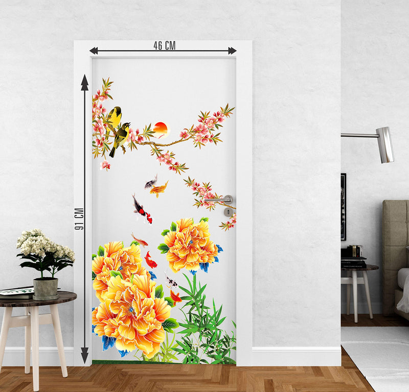 DivineDesigns™ Flower & Birds Door Sticker | Sticker for Living Room, Bedroom, Office (Vinyl, Standard, Multicolour)