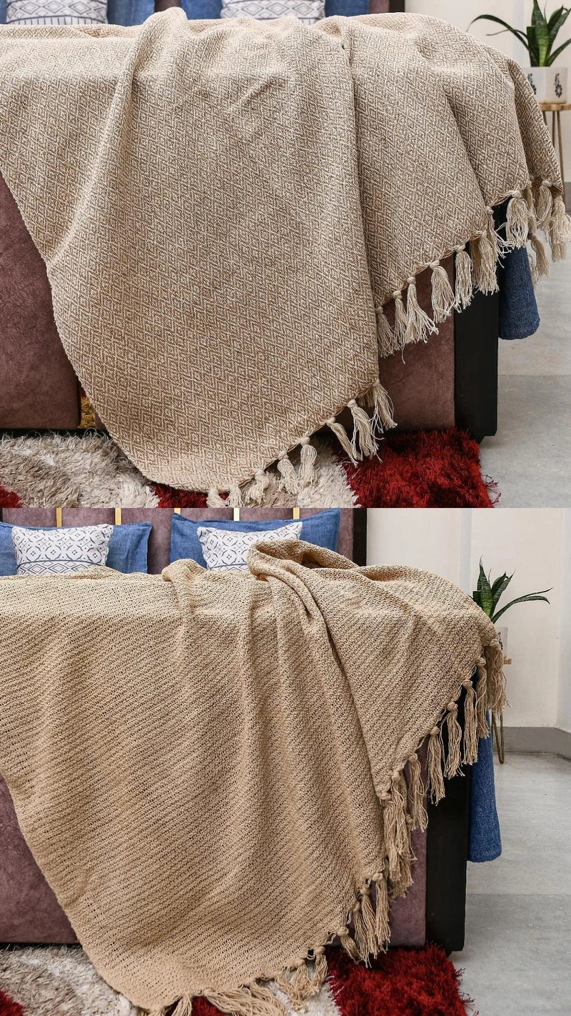 IQ INTERIOR QUOTIENT Beige Sofa Throw Blanket 100% Cotton Runner 3 Seater (150cm x 125cm) 50* x60* Reversible in Brown Combo of 1.