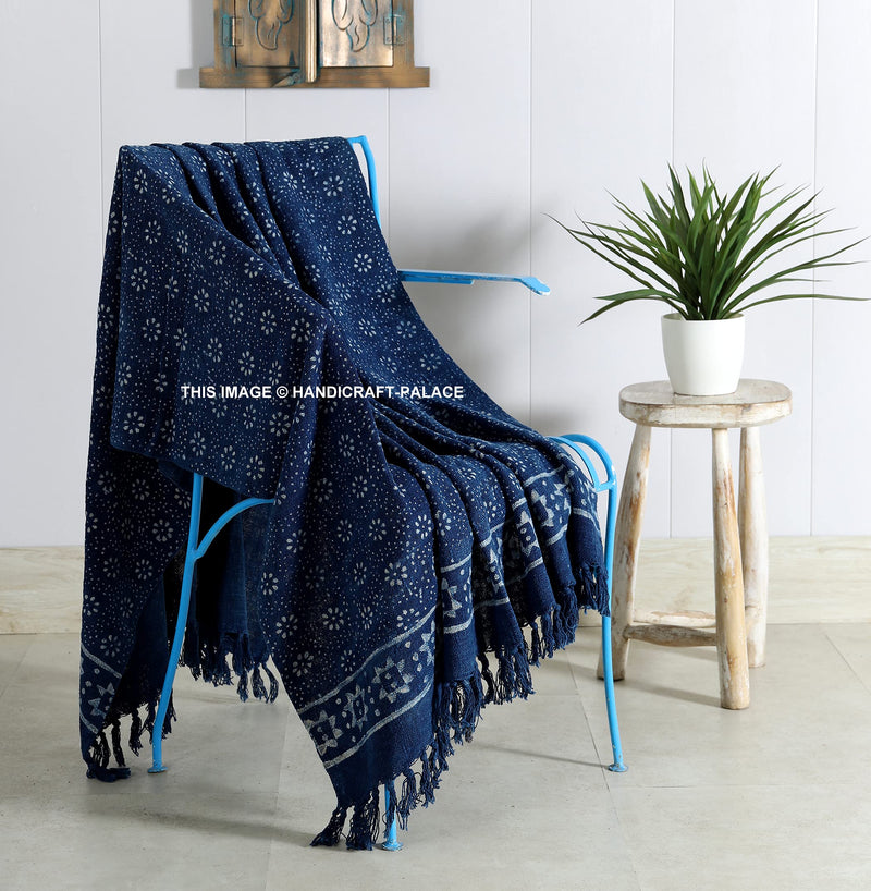 Ravaiyaa - Attitude is everything Block Printed Handloom Cotton Throw Handmade Floral Design Sofa & Couch Throw Home Decor Bedding Blanket (Indigo Blue)