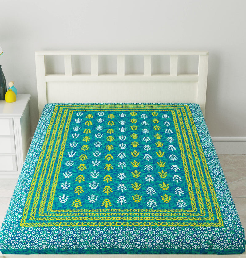 SheetKart 144 TC Motif Printed Jaipuri Cotton Single Bedsheet, Sea Green