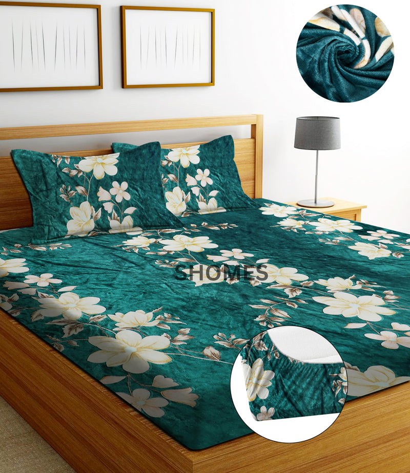 SHOMES Premium Elastic Fitted Warm bedsheets for Winter for Double Bed, Elastic Fitted Winter bedsheets for King Size Bed with 2 Pillow Covers, Size - 72 x 78 Inches (Teal Green)