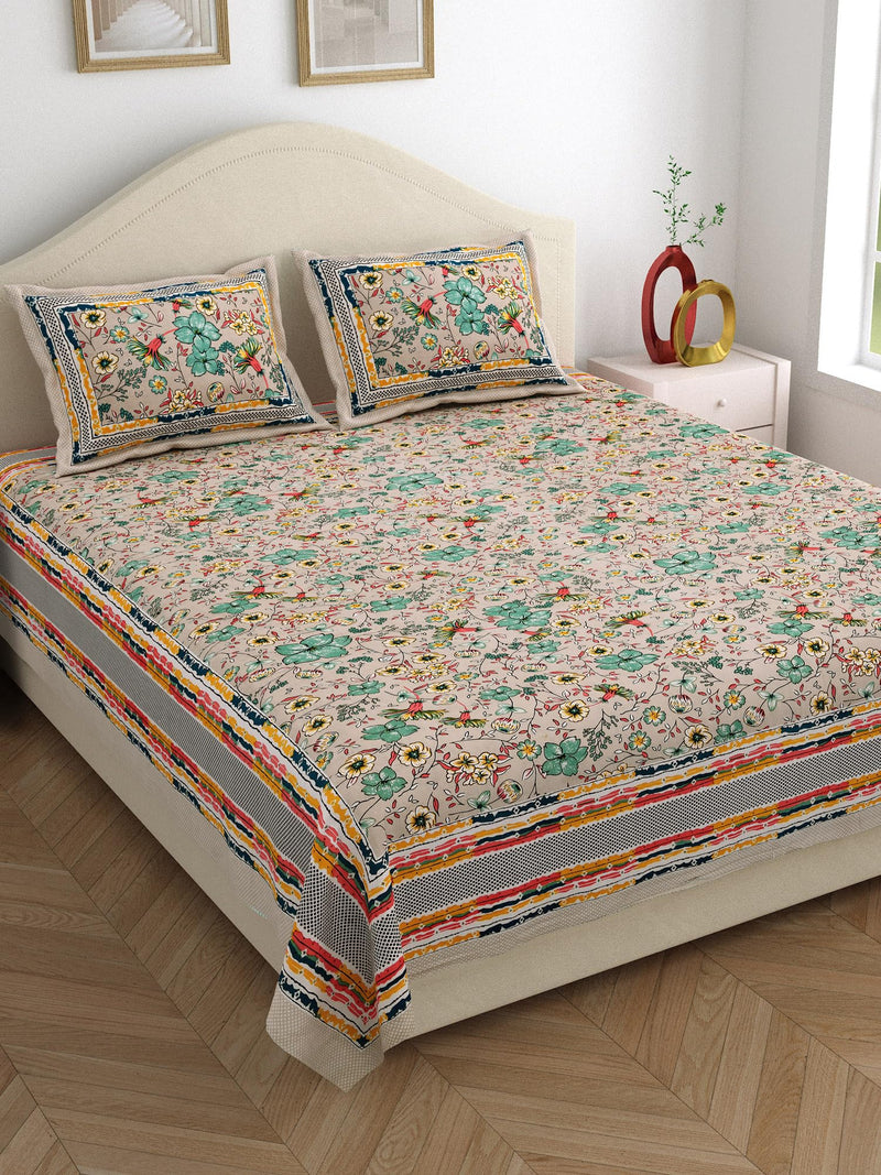 SILVATT King Size Jaipuri Cotton Bedsheet for Double Bed | Size 90x108 Inches (Pastel Bown Floral Print)