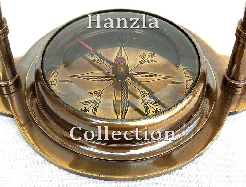 Hanzla Collection Nautical Clock Ship Table Clock Brass and Glass Desk Clock Maritime Compass with Antique Victoria London Pocket Watch, Brown, 3.5 x 3 x 5.5 Inches