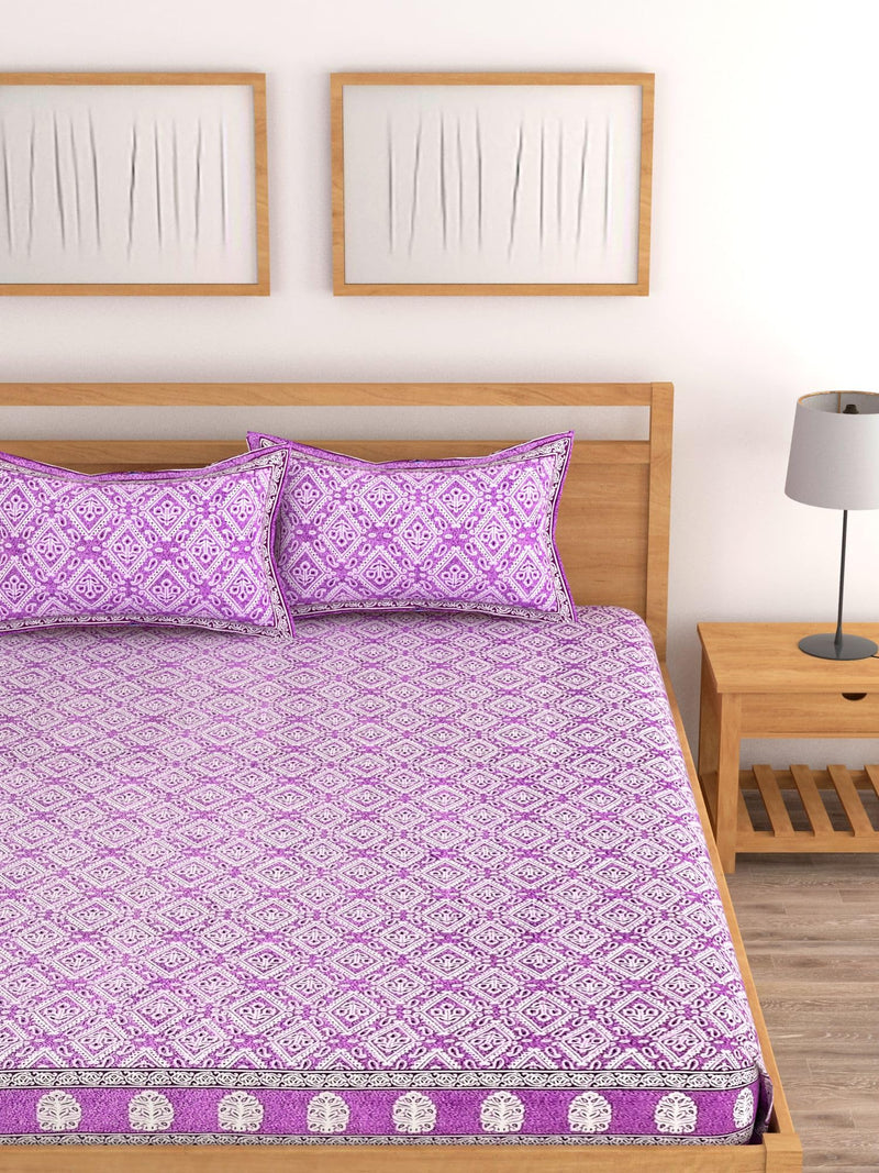 DWARDROBE-King Size Printed Cotton Bedsheet Set with 2 Pillow Covers, 180TC Breathable & Wrinkle Free King Size Bedsheets (93x108Inches) (Purple)