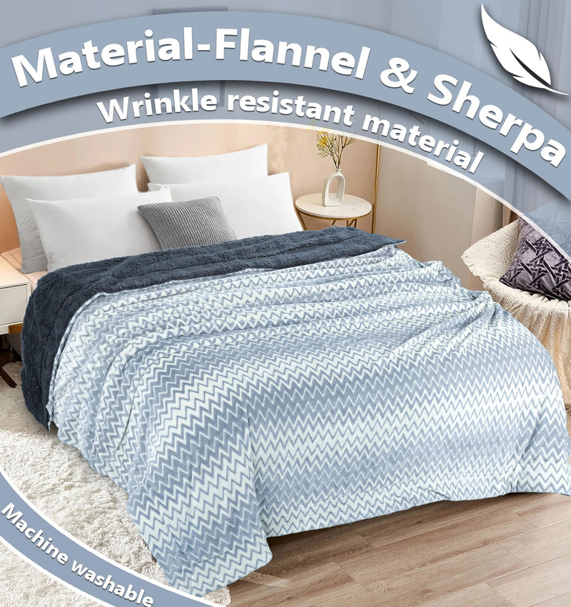 BSB HOME Sherpa Blanket ZigZag Flannel Blanket – 220 x 240 cm, Soft, Plush, Fluffy, Fuzzy, Warm, Cozy Perfect for Couch, Bed, Sofa, Chair-Reversible Blanket AC Blanket King Size - White Silver & Grey