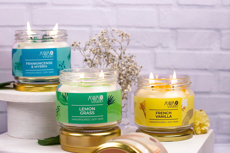 A WAX STUDIO Premium Frankinsence + Lemon Grass + Vanila Scented Candle | Premium Soy Wax & Glass Jar - 350g |Two Wick Candle | Handpoured | Aromatherapy, Home Décor | Burn Time Upto 65 Hours