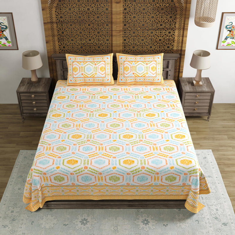 BLOCKS OF INDIA Hand Block Print Cotton King Size Bedsheet (90 X 108 INCH) (Yellow Ikat)