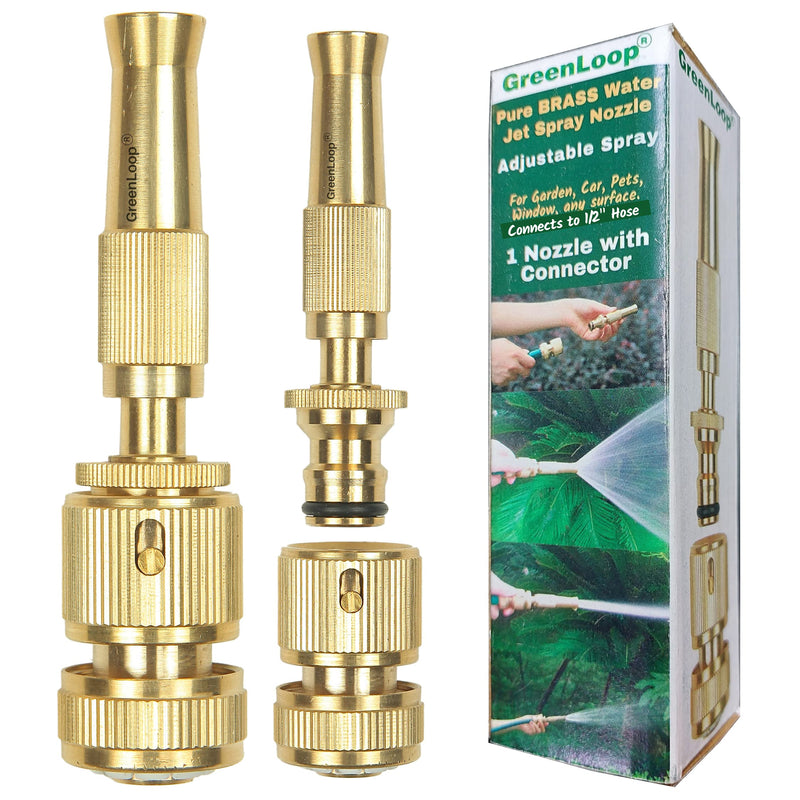 GreenLoop Solid-BRASS Water Spray Nozzle, Adjustable Spray, Connects to Hose, For Garden-Car-Pets-Window-Plants-Washing, Water Jet Spray, High Pressure (Brass, 1 Nozzle+ Removable Connector)