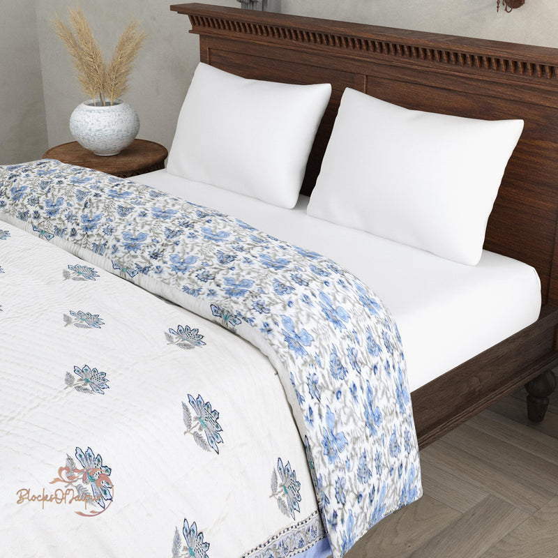 BLOCKS OF JAIPUR Original Pure Cotton Jaipuri Razai Hand Block Blue Flower Print Reversible Comforter Lightweight AC Quilt Summer and Winter Bedding | Throw Bed Blanket (Single Bed 60X90 Inches)