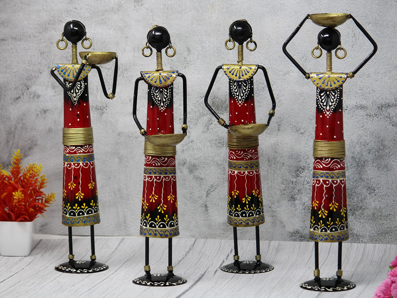 JH Gallery Handmade Handcrafted Wrought Iron Tribal Village Lady Doll Nerga Worker Showpiece Decorative Items for Home Décor (Length 3 inch *Height 13.5 inch) Set of 4 pcs