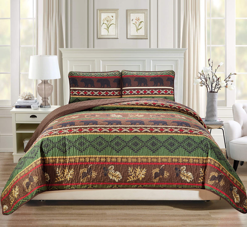 Rustic Western Southwestern Brown Quilt Set With Native American Designs Grizzly Bears and Pinecone Prints King / California King Bedspread 3 Piece Bear King / Cal-King