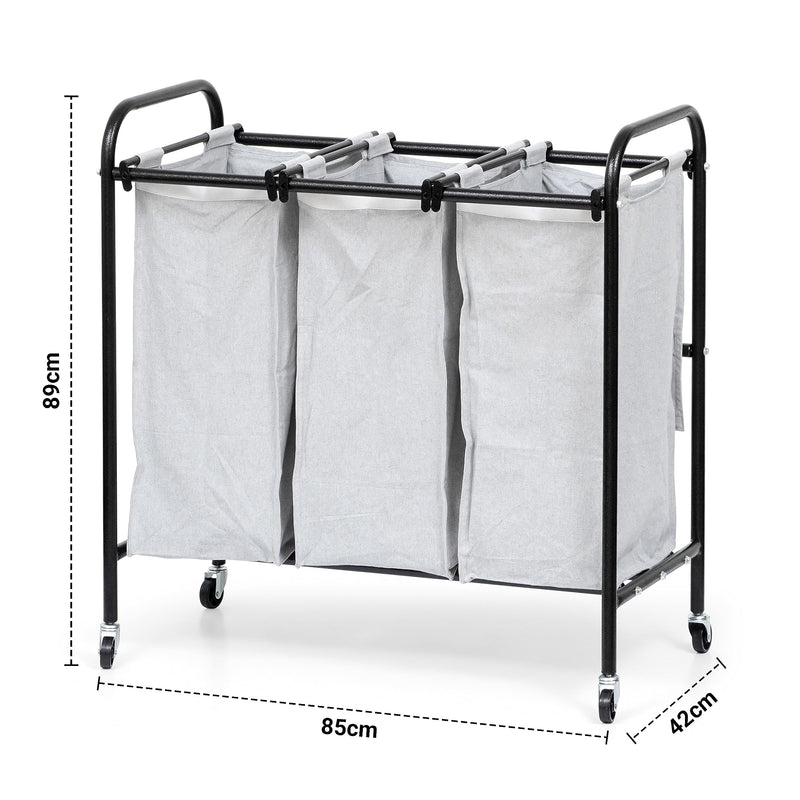 Livzing Metal Laundry Sorter 3 Section Cart With Rotating Wheels-Laundry Trolley Cart With Removable Laundry Bags-3 Compartment Laundry Divider Organizer&Laundry Basket Trolley For Bedroom, Home-Grey