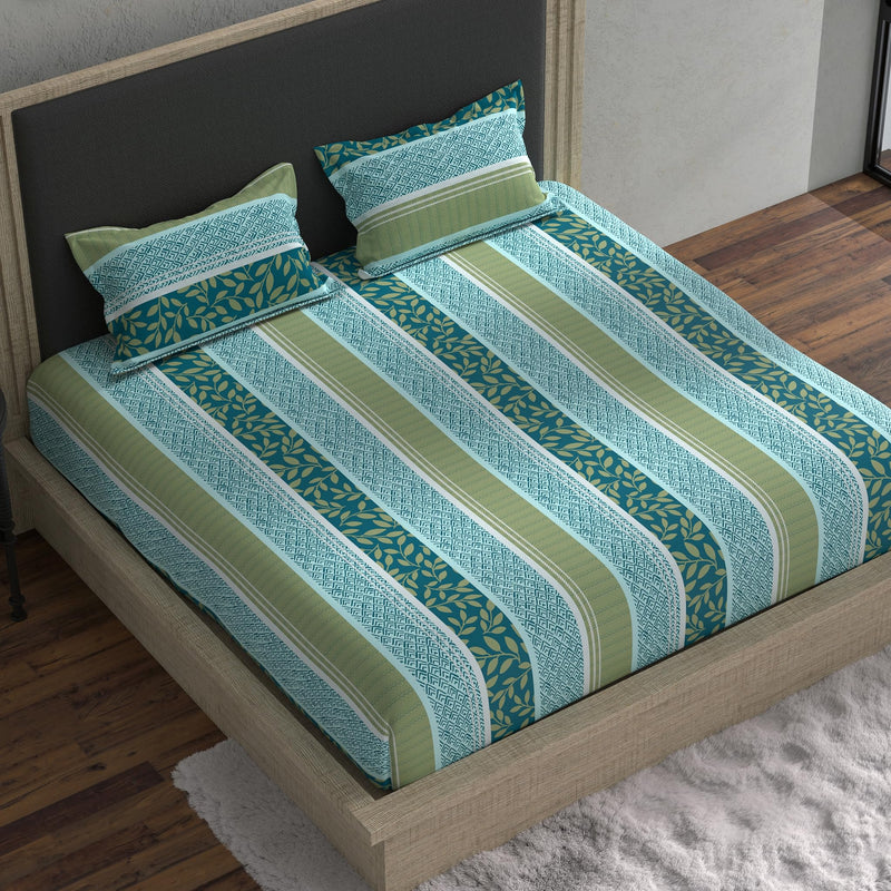 Double Fitted Bedsheet with 2 Pillow Covers Cotton Floral Design Blue & Green Colour - Stella Collection