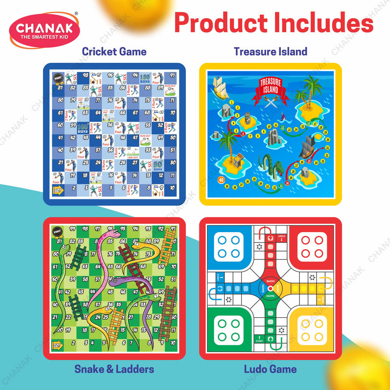 Chanak Business Game Board with Plastic Coins, 5 Fun Board Games in 1 for Kids & Adults Above 3 Years Includes Business, Ludo, Snakes & Ladders, Cricket and Treasure Island, BIS Approved