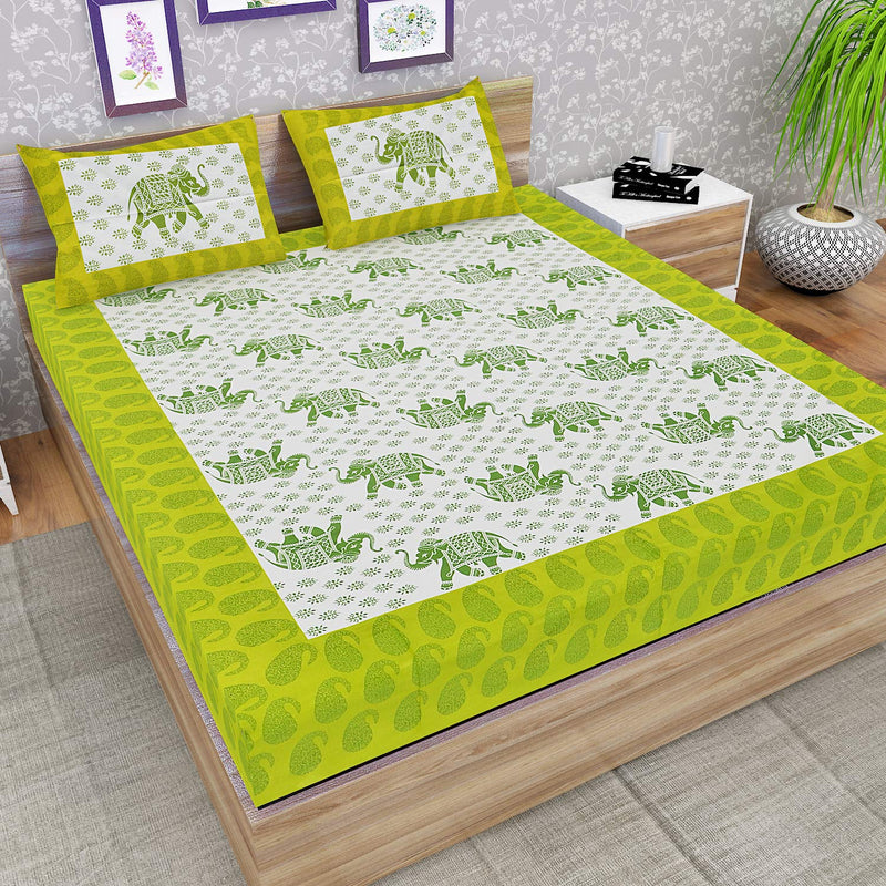 UBANIA Collection® 100% Cotton Rajasthani Jaipuri Traditional Elephant Green & White Traditional | King Size Double Bed Bedsheet with 2 Pillow Covers for Bedroom