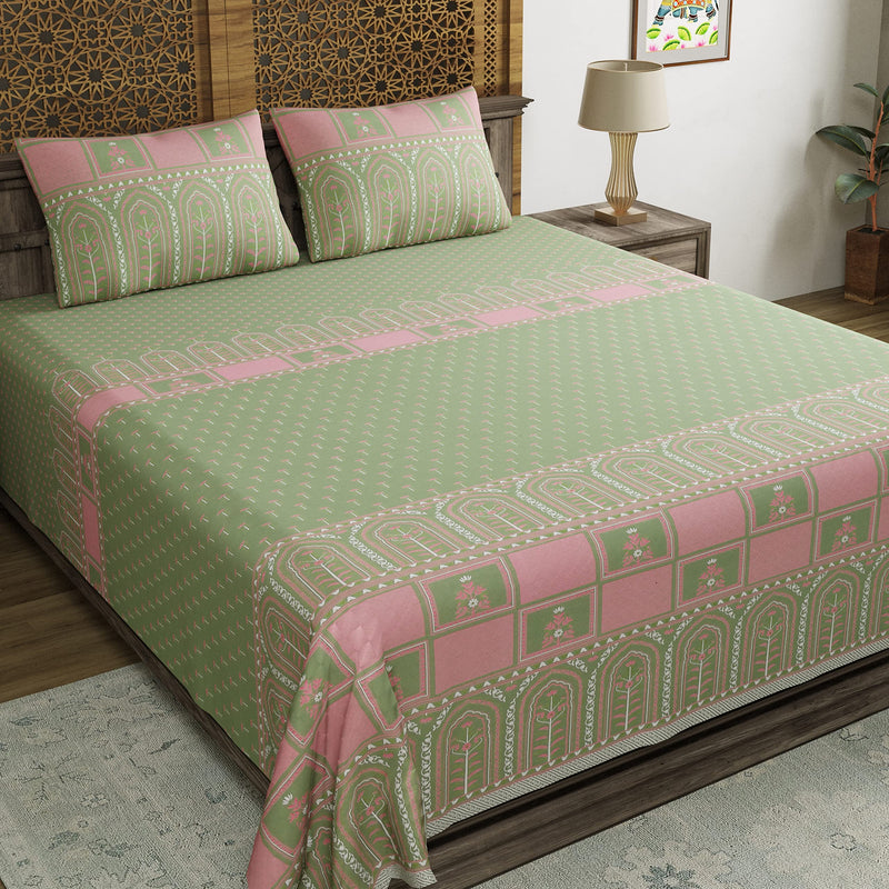 BLOCKS OF INDIA Hand Block Printed 200 TC Cotton Super King Size Bedsheet(106 x 106) (Discharge Green)