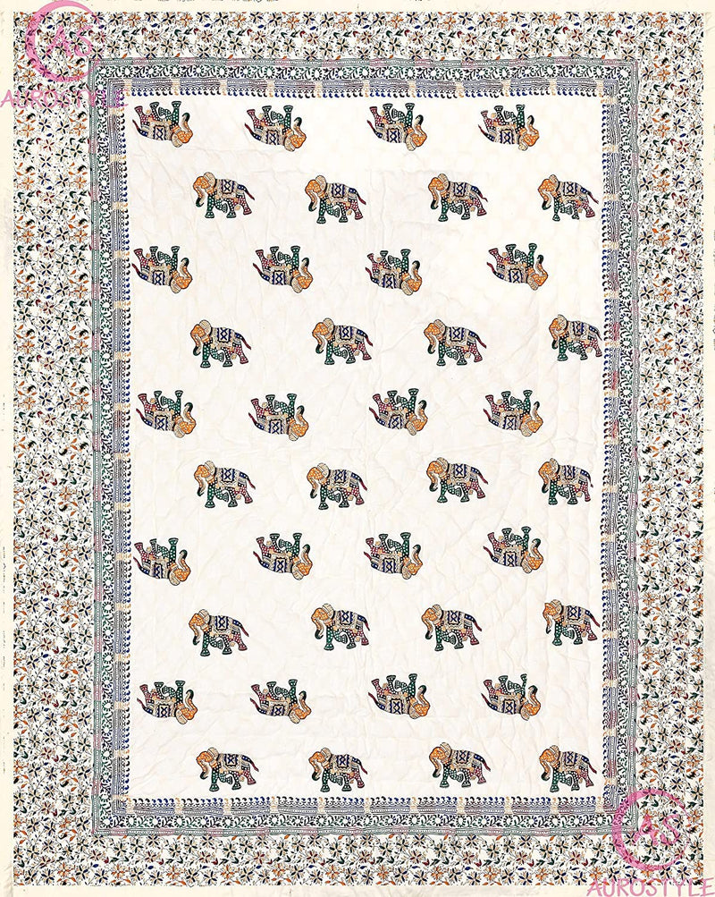 AUROSTYLE Pure Cotton 400 TC Traditional Rajasthani Hand Block Printed Double Bed Jaipuri Quilt/Razai/Rajai [Light Weight, Multicolor, Double Bed-90 x 108 Inches] (Design 2)