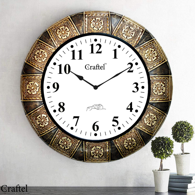 Craftel Brass Embossed Analog Wall Clock Round Decorative Clock for Bedroom Living Room Home and Office (Gold_18 Inch X 18 Inch)