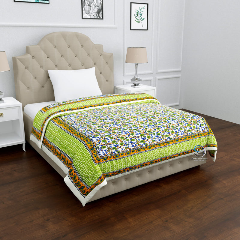 AUROSTYLE 400 TC Jaipuri LightWeight Pure Cotton Traditional Rajasthani Print Olive Green Colour Single Bed Quilt/Razai/Rajai ( Olive Greenl, Floral Print, Single Bed, breathable, Pack of 1)