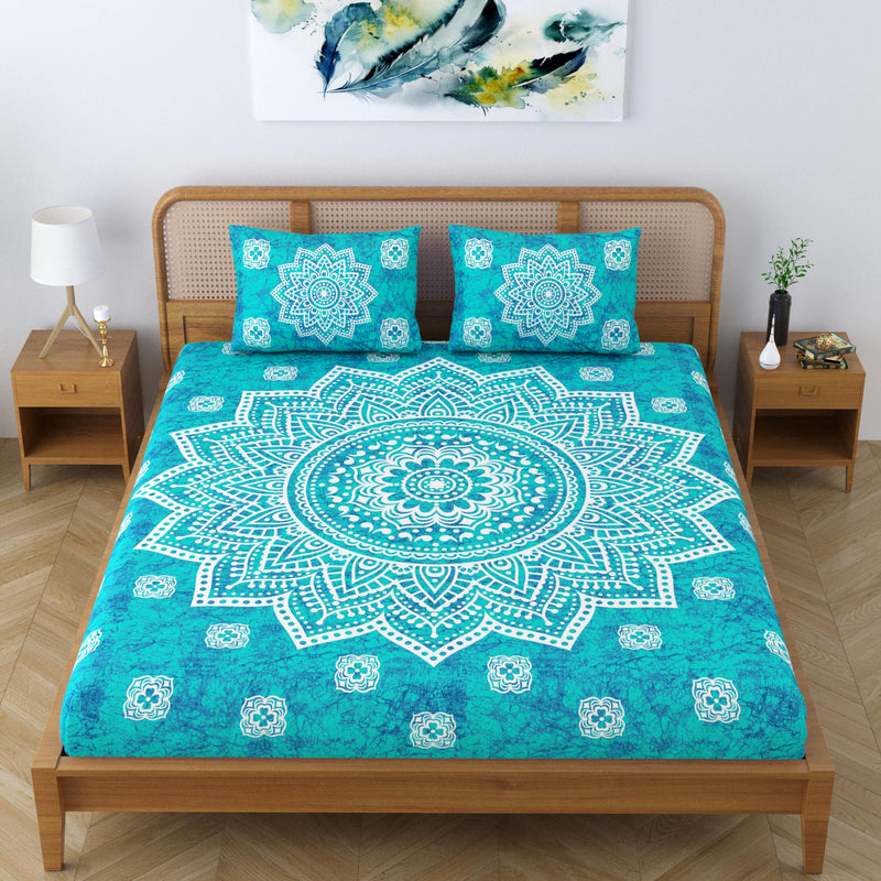 SheetKart Cotton Blend Traditional Mandala Jaipuri Printed Bedsheet for Double Bed King Size with 2 Pillow Covers - Sea Green