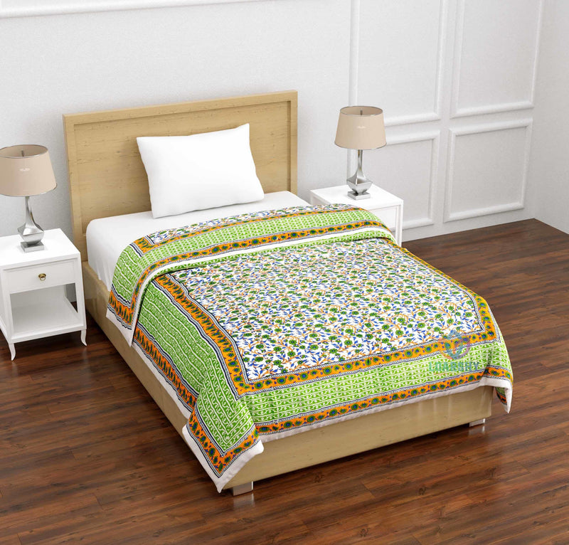 HOPEE SHOP Jaipuri Pure Cotton Razai Garden Flower Print Single Bed Rajasthani Quilt, Light Weight Reversibal Multi Green Rajai (Size 55x85 inch)