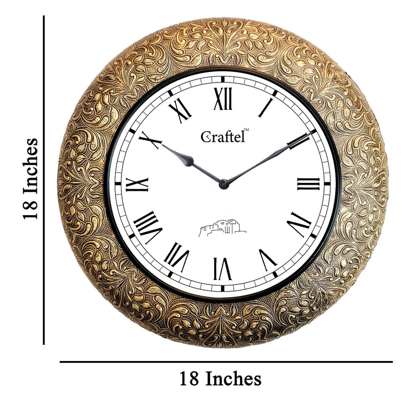 CRAFTEL Brass Embossed Roman Dial Clock Antique Desgin Wall Clock for Bedroom Living Room Home (Gold, 18 Inch X 18 Inch)