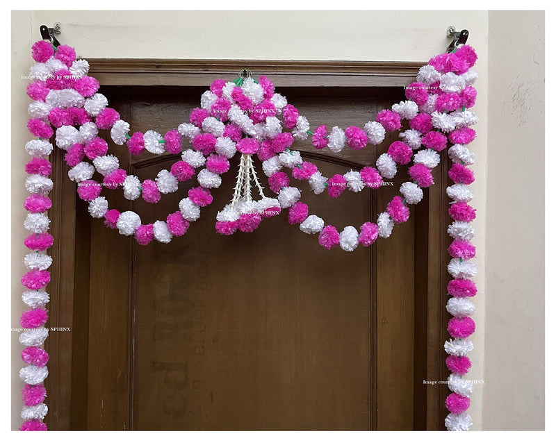 Sphinx Artificial Marigold Fluffy Flowers and Tuberose (rajnigandha) Triple Lines Door toran Set/Door hangings (Approx. 100 x 158 cms (White and Baby Pink)