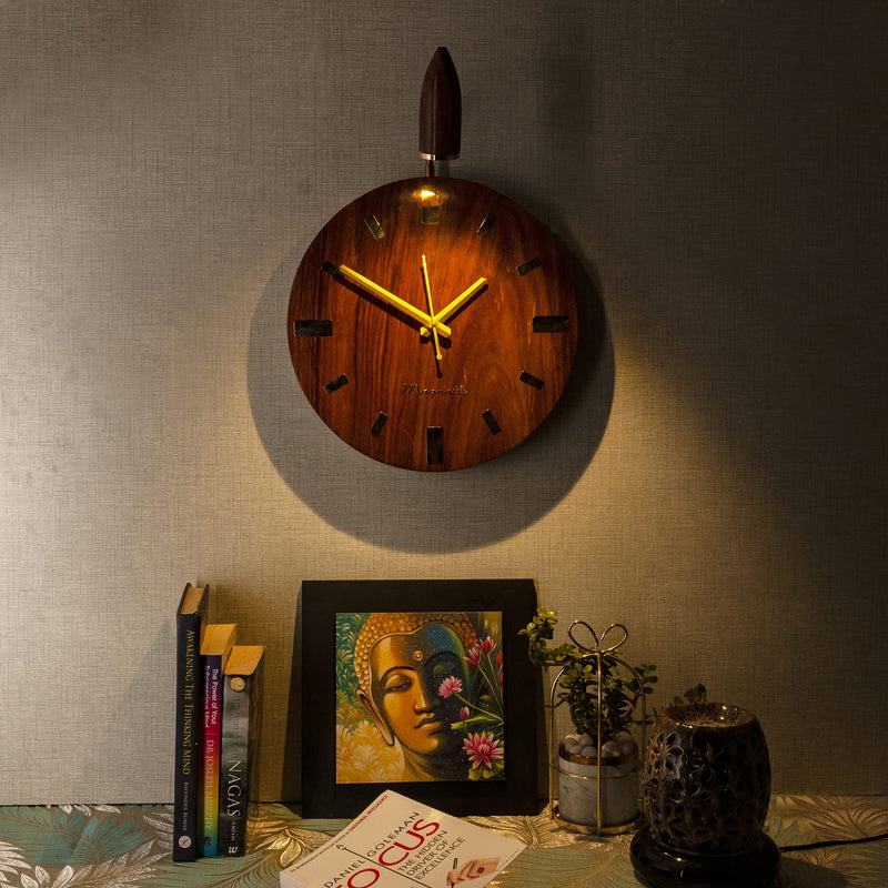 GREEN HOUSE Handmade Sheesham Wood Unique 12X12 Wall Clock With Spotlight/Focus Light Attachment Of 3W In-Built Warm White Led Ft. Rose Gold Plated Metal Spring