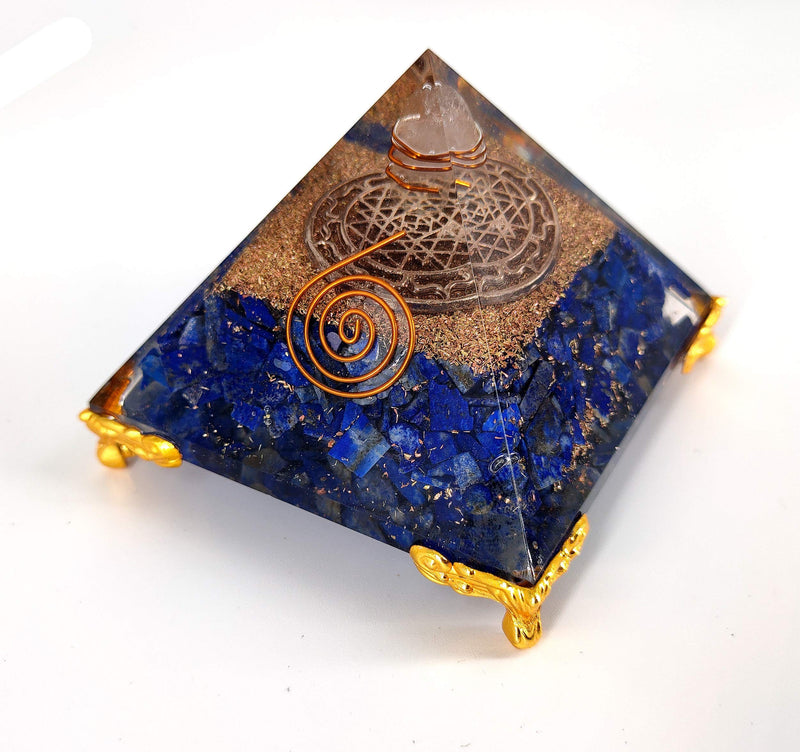 White Whale Lapis Lazuli Orgone Pyramid Energy Generator Reiki Healing Crystal Chakra with Gold Stand Feng Shui Pyramid