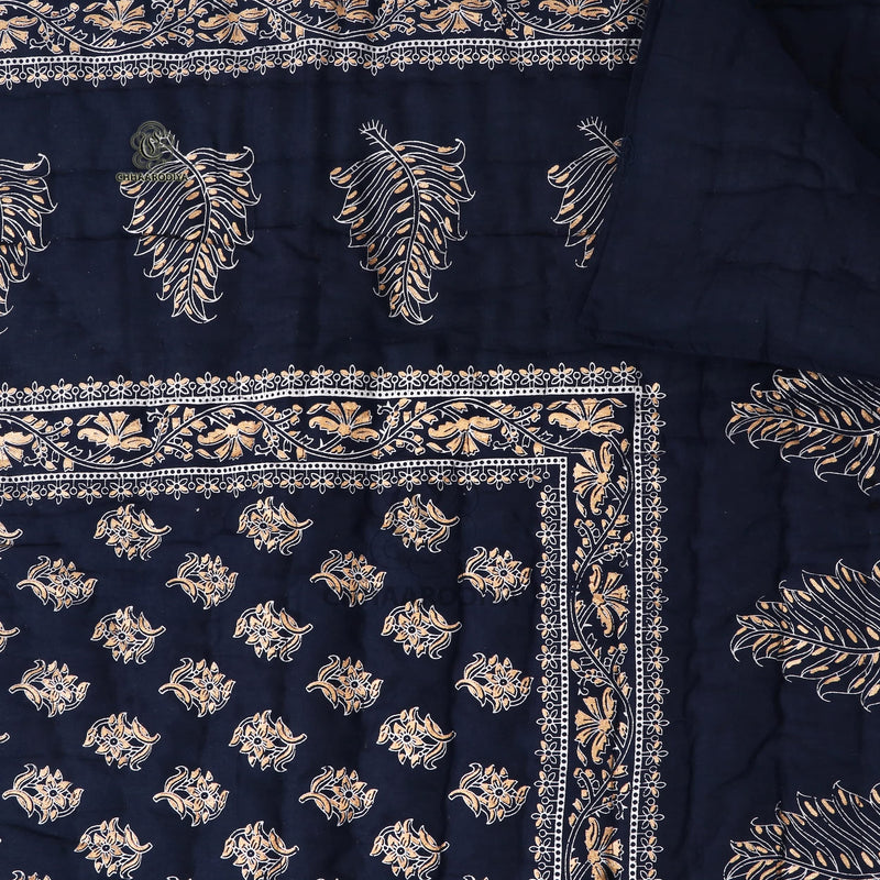 LILFLY Jaipuri Rajasthani Traditional Pure Cotton Single Bed Soft Jaipuri AC/Winter Quilt/Razai. (55 X 85 inch Stitch Including, Set of 1, Reversible, Lightweight) (BOOTI-1-DARK Blue)