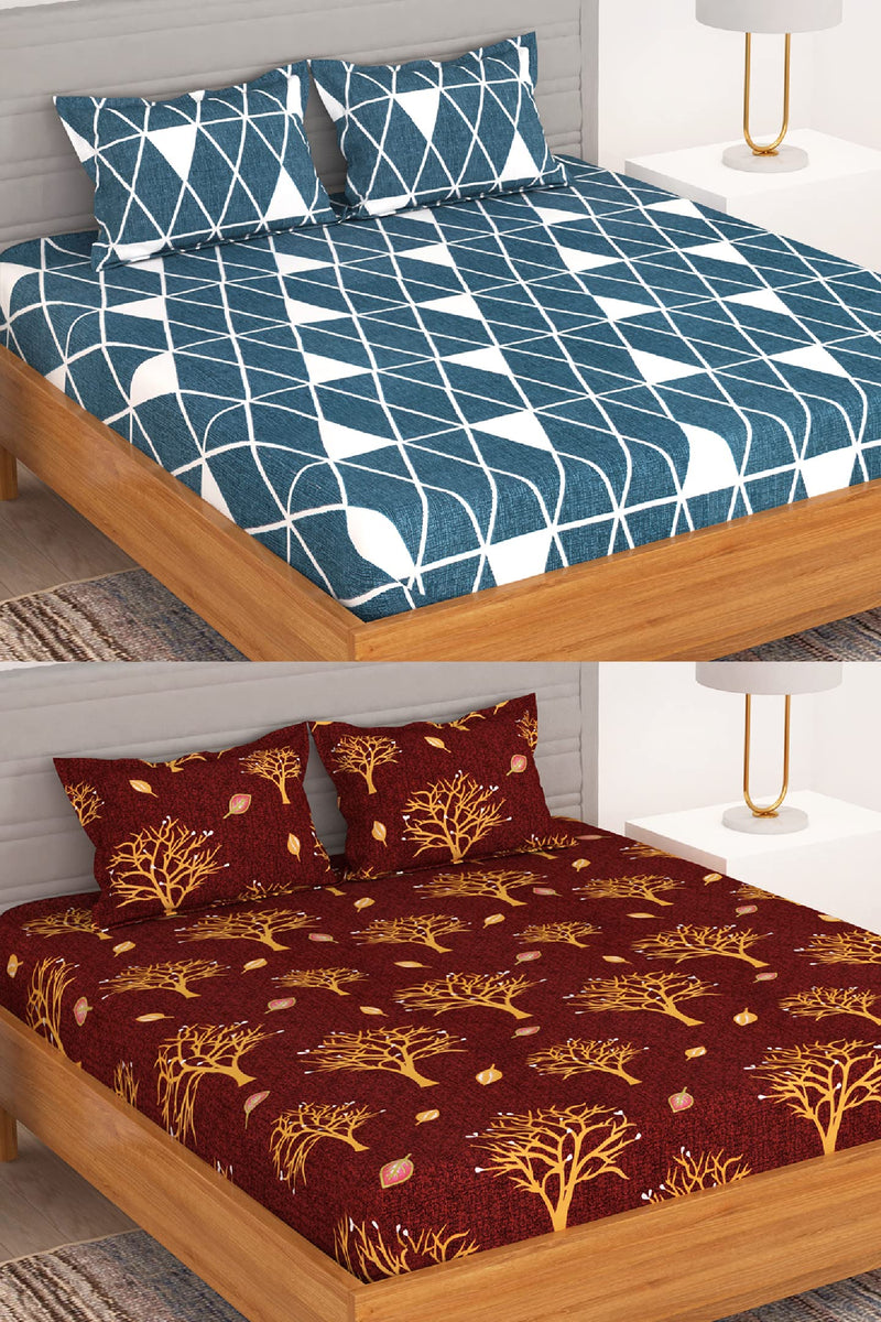 BEDSPUN Flora Collection Combo Pack of 2 Bedsheet for Double Bed with 4 Pillow Covers |150 TC Microfiber - | 225x220 cm - (Blue and Wine Red)