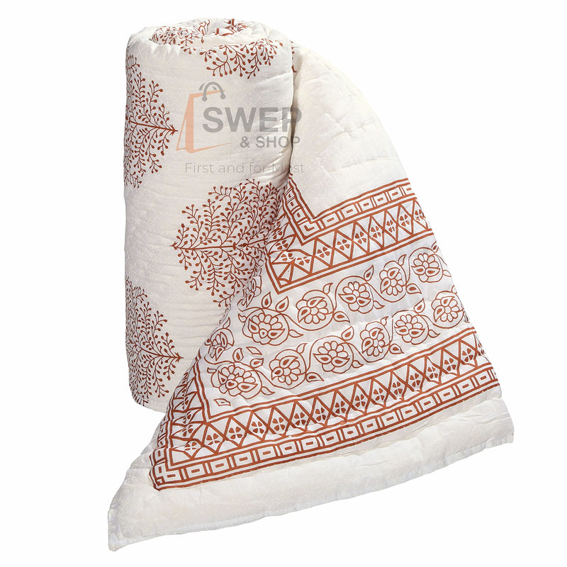 SWAP & Shop Block Print Double Bed Size Pure Cotton Jaipuri Quilt Reversible Razai AC Blanket/Rajai (Gold Carry Vase Buta Print) (87X102 Inches)