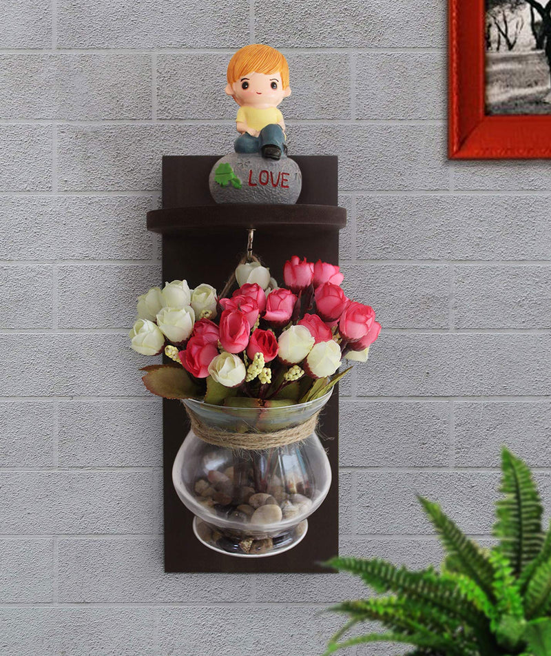 Tied Ribbons Wood Wall Shelf with Flower Vase and Artificial Flowers (11.99 cm x 0.99 cm x 37.01 cm, Multi)