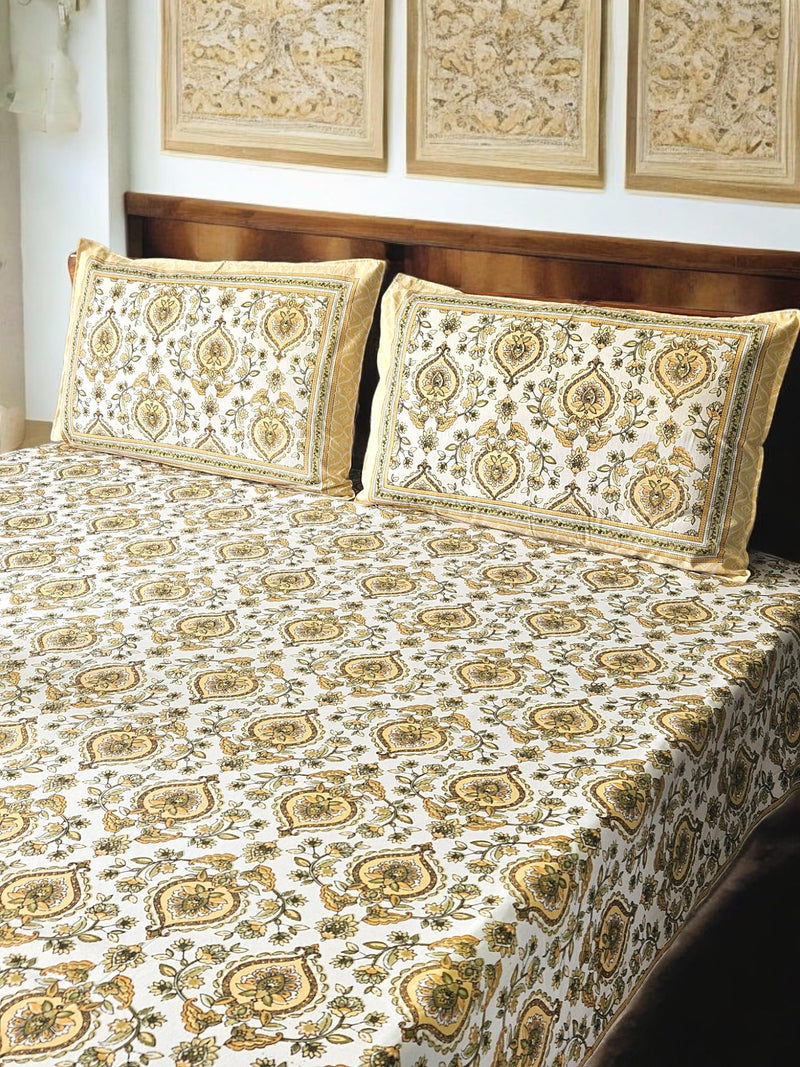 Feels Like Home 220 TC 100% Cotton Super King Size Bedsheet, 1 Bedsheet and 2 Pillow Covers, Block Printed, Olyander Collection Yellow Geometric Print,108 x 108 Inch, Jaipuri Bedsheet