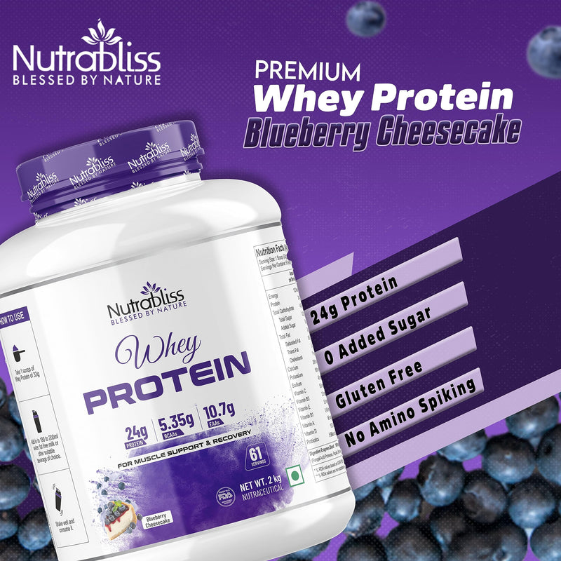 Nutrabliss Premium Pure Whey Protein Concentrated blended with digestive enzymes and probiotics | 100% tested and guaranteed Whey Protein - 24 Gram Protein per serving (Blueberry CheeseCake, 2 Kg)