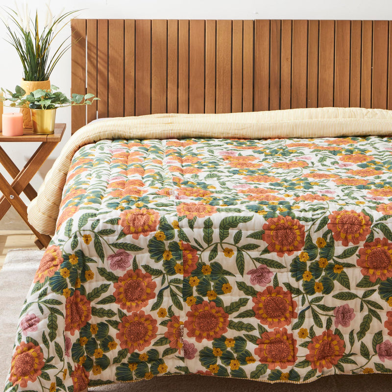 Chumbak Marigold Cotton Quilt, Double