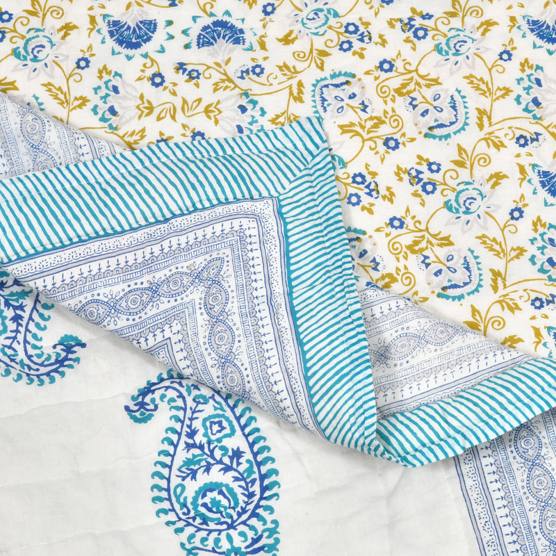 BLOCKS OF INDIA Cotton Single Size Quilt Hand Block Print for Light Winters (60x90 Inches) (Blue JAAL)