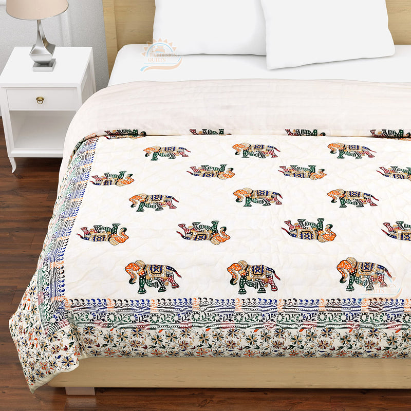 FABDESIGN QUILTS 400 TC Pure Cotton Traditional Rajasthani Hand Block Animals Printed Jaipuri Razzai/Quilt/Razai/Rajai [Light Weight, Multicolor (Cotton, Elephant Set of 2)