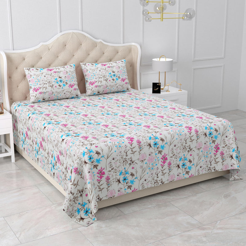 Double Bedsheet Set 100% Pure Cotton 180 TC King Size with 2 Pillow Covers Floral Multi Colour - Stella Collection