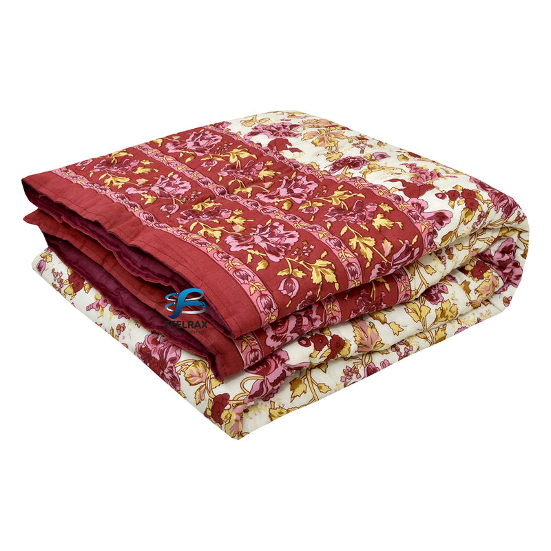 Woodsy Jaipuri Razai Rajasthani Traditional Soft Light Weight Pure Cotton Winter and Summer Rajai Ac Quilt Razai/Rajai/Quilt/Blanket/Dohar/Comforter/Jaipur (Single Bed, Pink Flower)