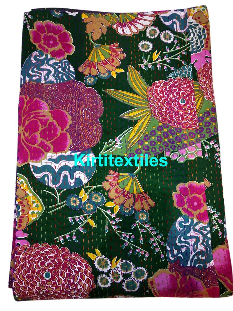 Kirti Textile and Handicraft Cotton Handmade Floral Kantha Quilt Bedspread Bed Cover Queen Size Blanket Throw (Multicolour)