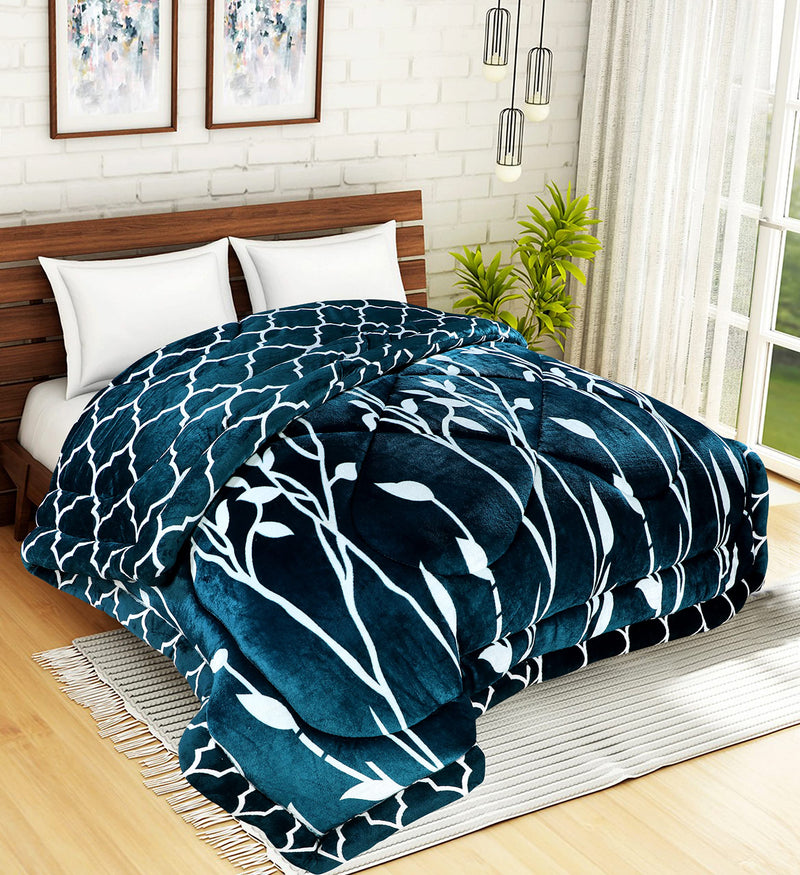 Warmland Soft Touch Microfibre Double Bed Winter Heavy Quilt Razai, Lightweight, Blue Leaf