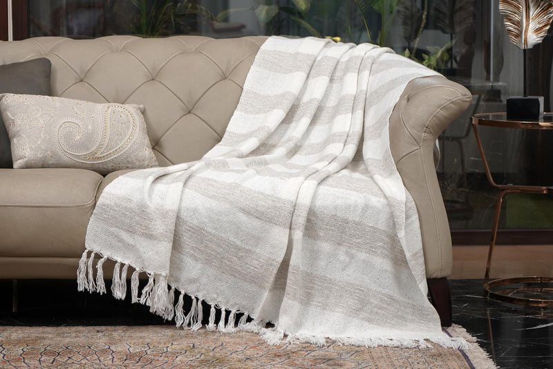 SHREEJA Throws & MUFFLERS Woven Sofa Throw | Lightweight Decorative Throw for Living Room, Bedroom, Sofa & Chair | Beige&White | 50x60 Inches / 127x153 CMS | Pack of 1