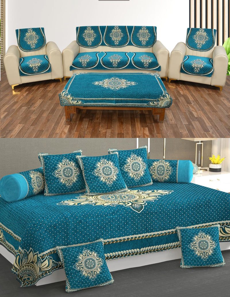 MULTITEX Heavy Chenille Velvet Sofa Cover with diwan Set and Table Cover Combo Set of19 ps-Aqua